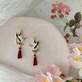 Crane with Red Tassel Earrings Dangle, Japanese Crane Earrings, Oriental Red Earrings, unique earrings Dangle